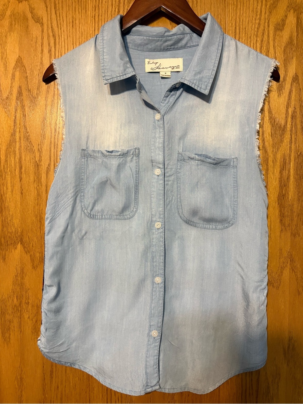 Vintage Havana Sleeveless Distressed Denim Button-Down Shirt - Size S